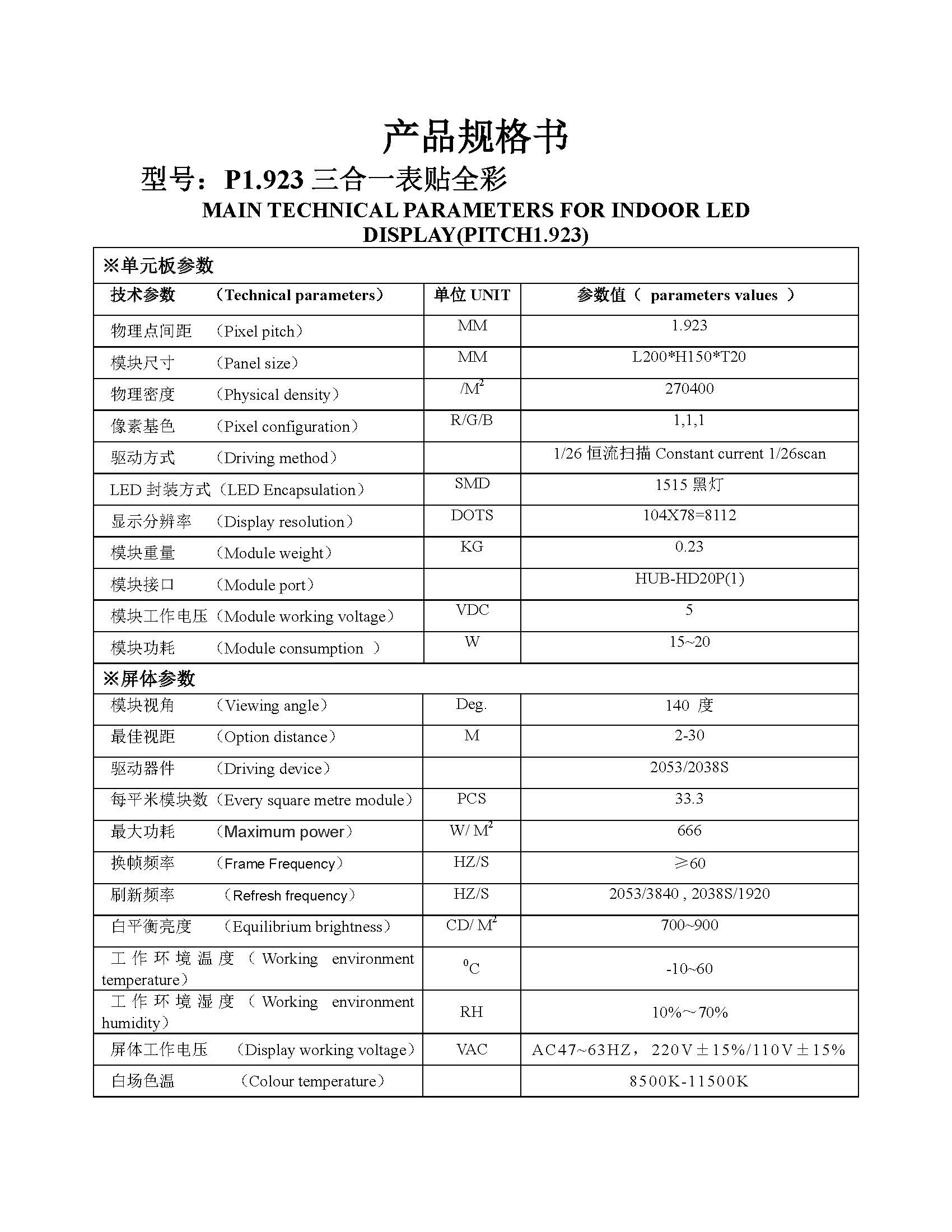 p1.923小間距200x150模組規(guī)格書(shū)